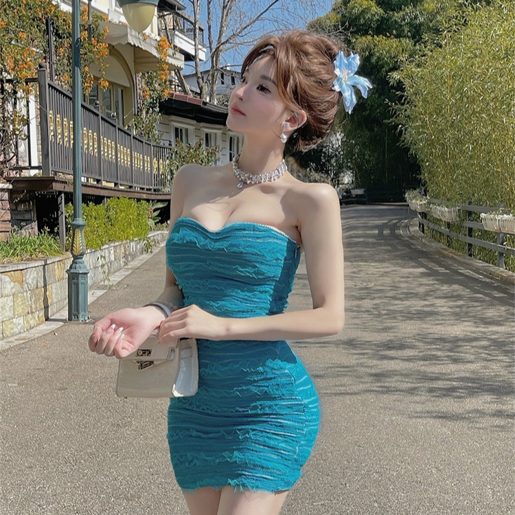 실사 천 금빛 바람 몸매 가꾸기 튜브탑 핫걸 타이트 스커트 명문 여성 섹시함 오프숄더 나이트 클럽 슬림해 보이는 드레스