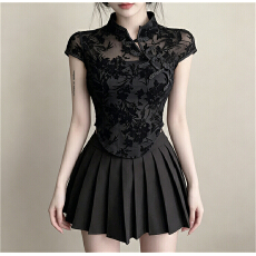 批发实拍新中式国风黑色短款旗袍上衣植绒修身显瘦性感透视<b class='q'>T</b><b class='q'>恤</b>女