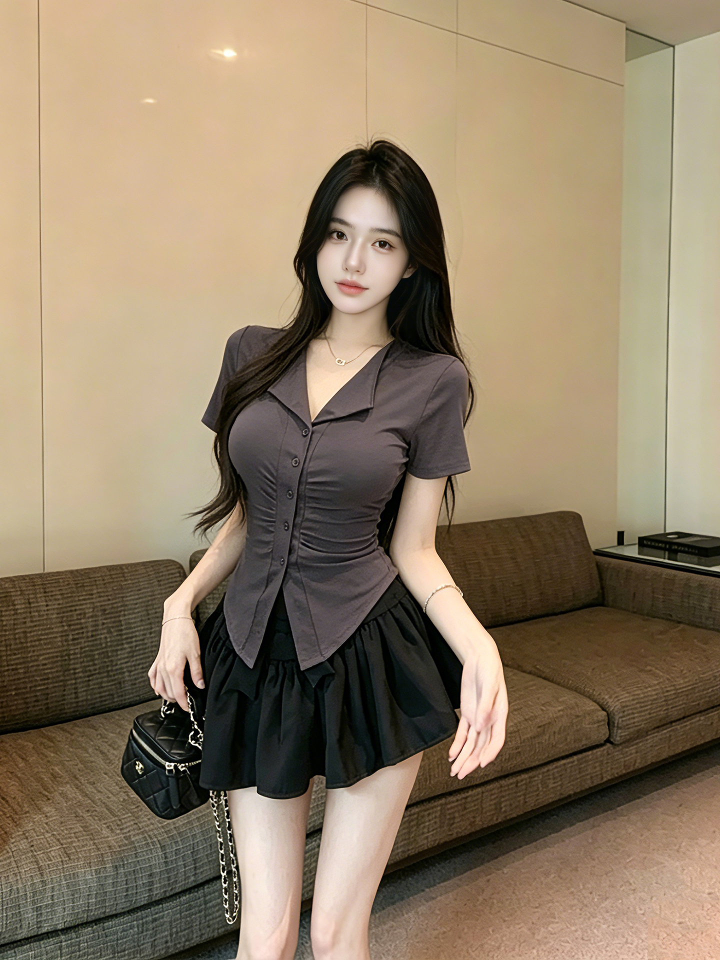 실사 특별 가격 감소되지 않음 품격 폴로 칼라 V넥 회색 맨위 몸매 가꾸기 슬림해 보이는 티셔츠 여성