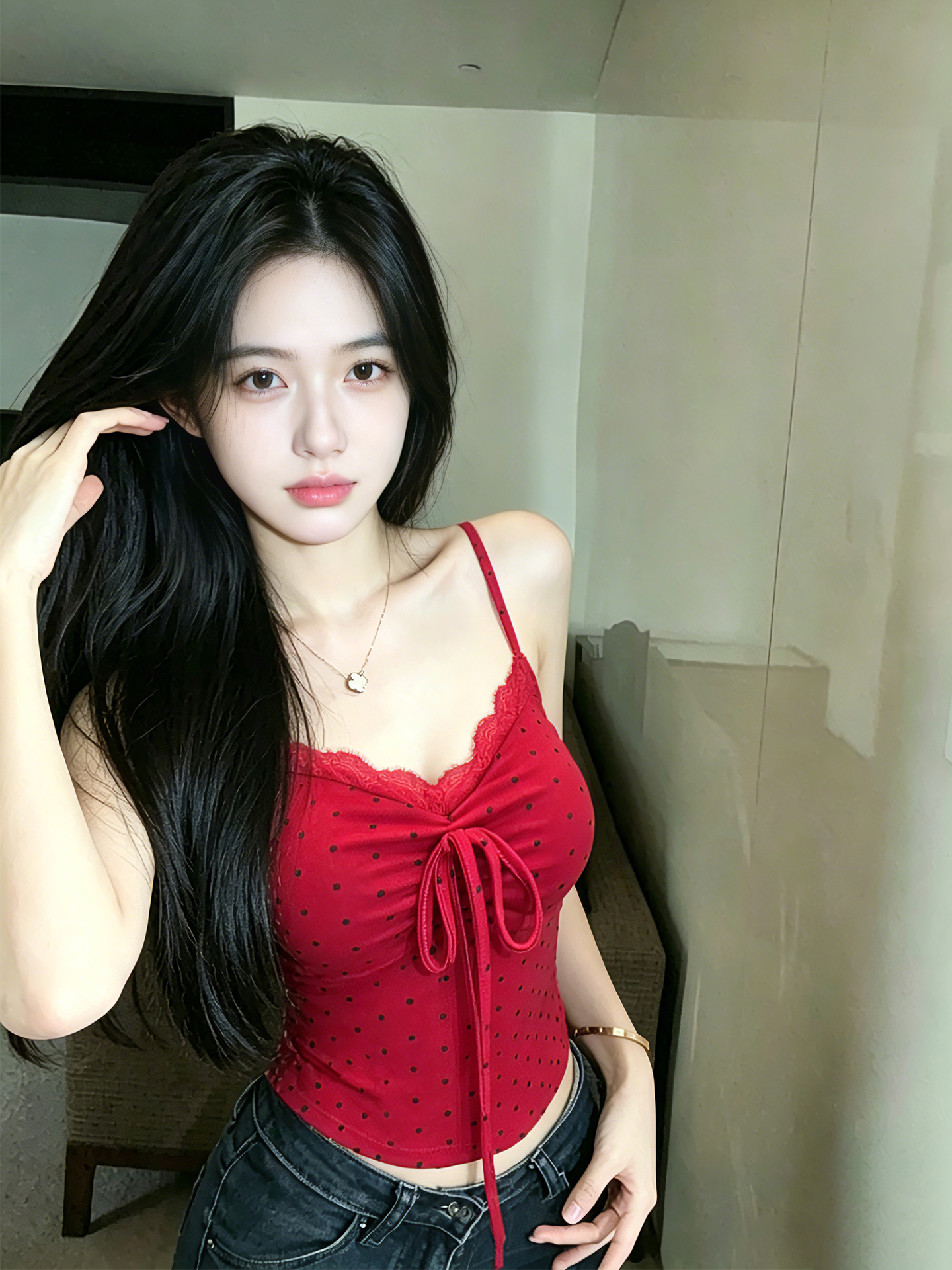 실사 특별 가격 감소되지 않음 핫걸 레이스 조각 도트 무늬 캐미솔 레이스업 디자인 센스 민소매 맨위