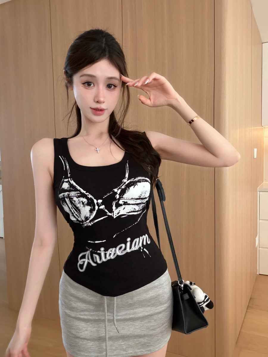 BY27912# 美式复古印花吊带背心女夏辣妹修身百搭打底上衣  服裝批發女裝批發服飾貨源