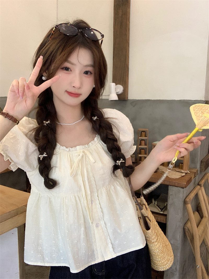 실사 정가 작은 키 레이스 레이스 거품 소매 화이트 여성 셔츠 몸매 가꾸기 반팔 Chic 셔츠