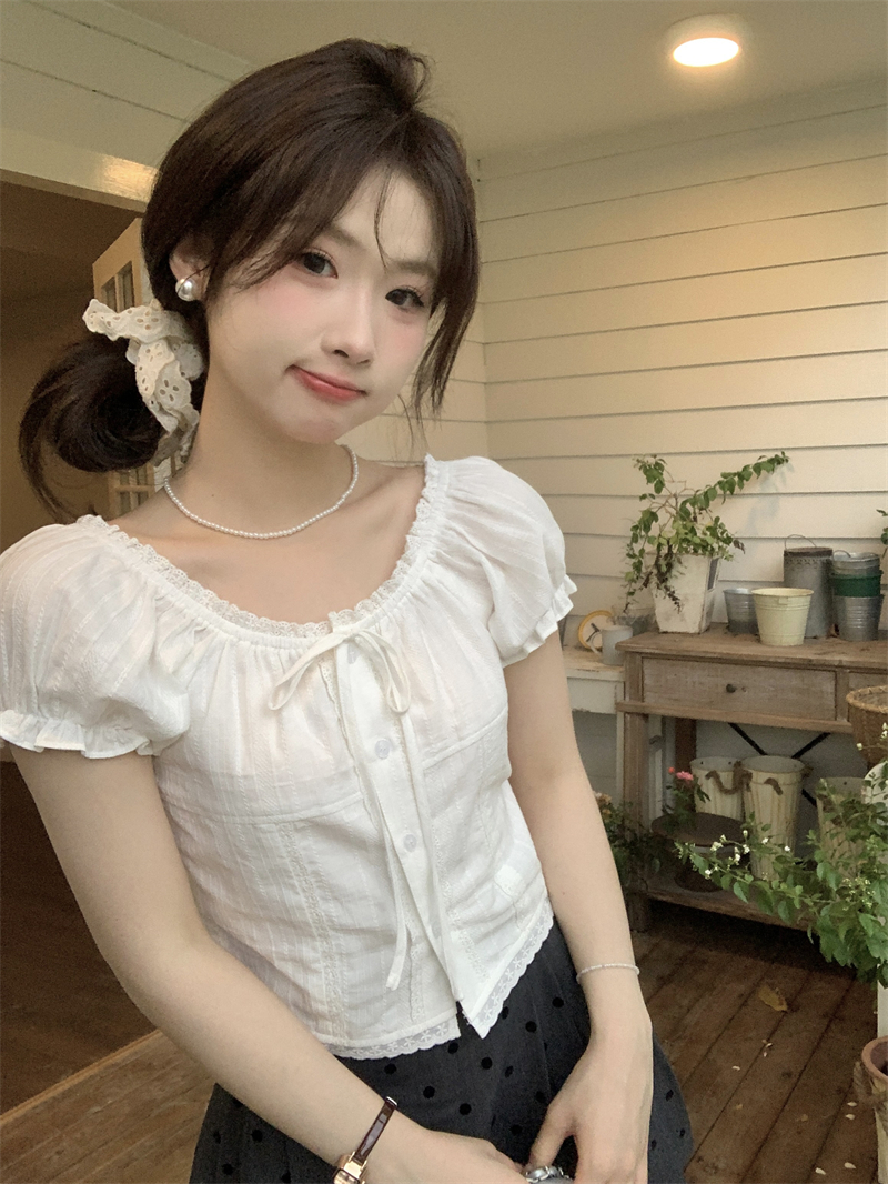 실사 정가 소녀 센스 귀여운 레이스 레이스 작은 셔츠 여름 반팔 거품 소매 셔츠 달콤함 맨위