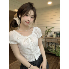 批发实拍实价~少女感可爱蕾丝花边小衫夏短袖泡泡袖衬衣<b class='q'>甜美</b>上衣