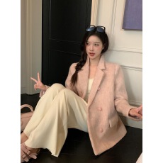 批发黄一粒 粉色羊毛<b class='q'>西装</b>毛呢外套女秋季韩系高级西服上衣