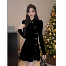 批发YUANLIANSU/圆脸酥【心事信笺】新中式国风盘扣立领<b class='q'>丝绒</b><b class='q'>连衣裙</b>女