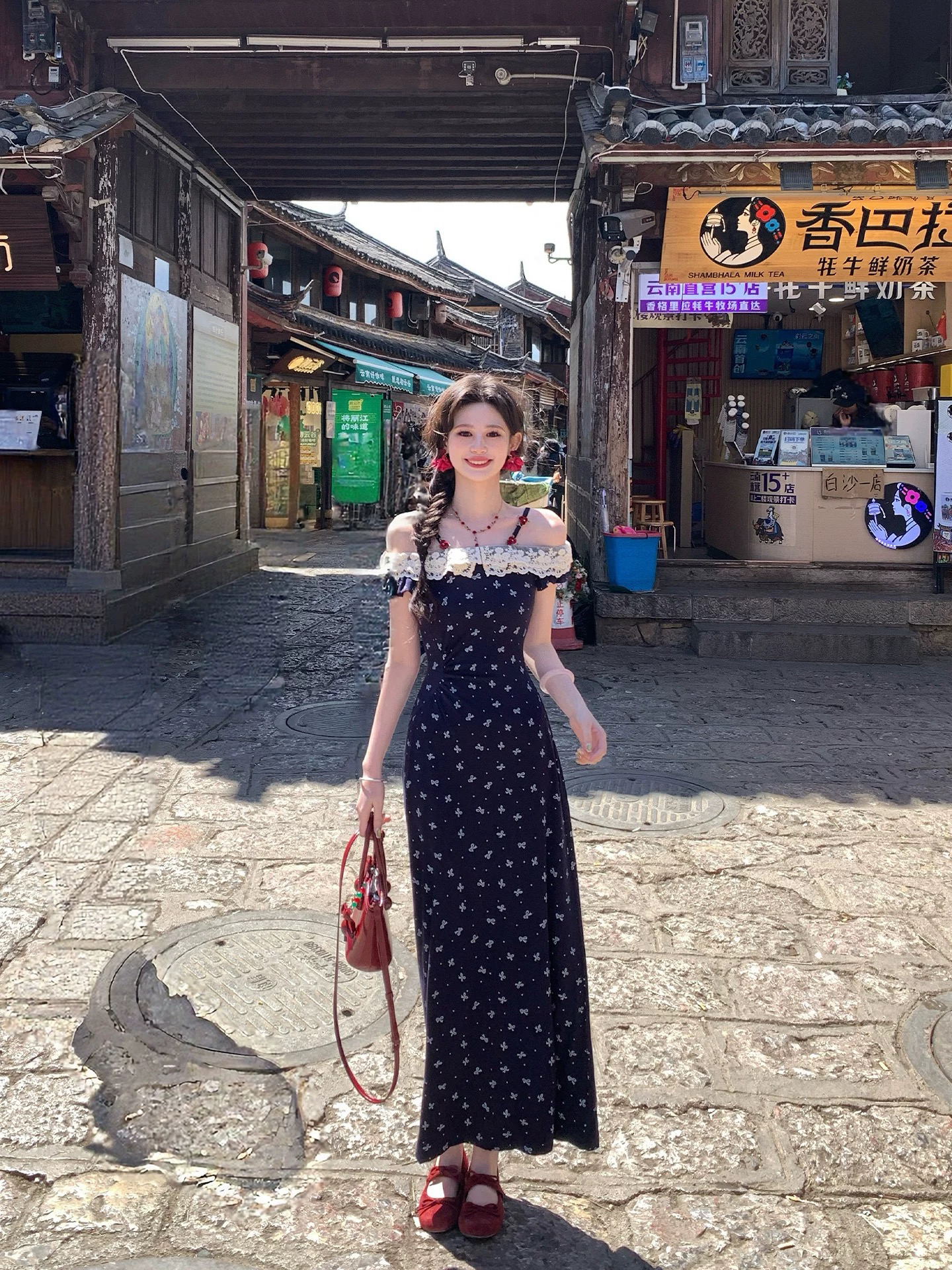 프랑스식 디자인 센스 연령 감소 프릴 보트넥 니트 꽃무늬 여성 드레스