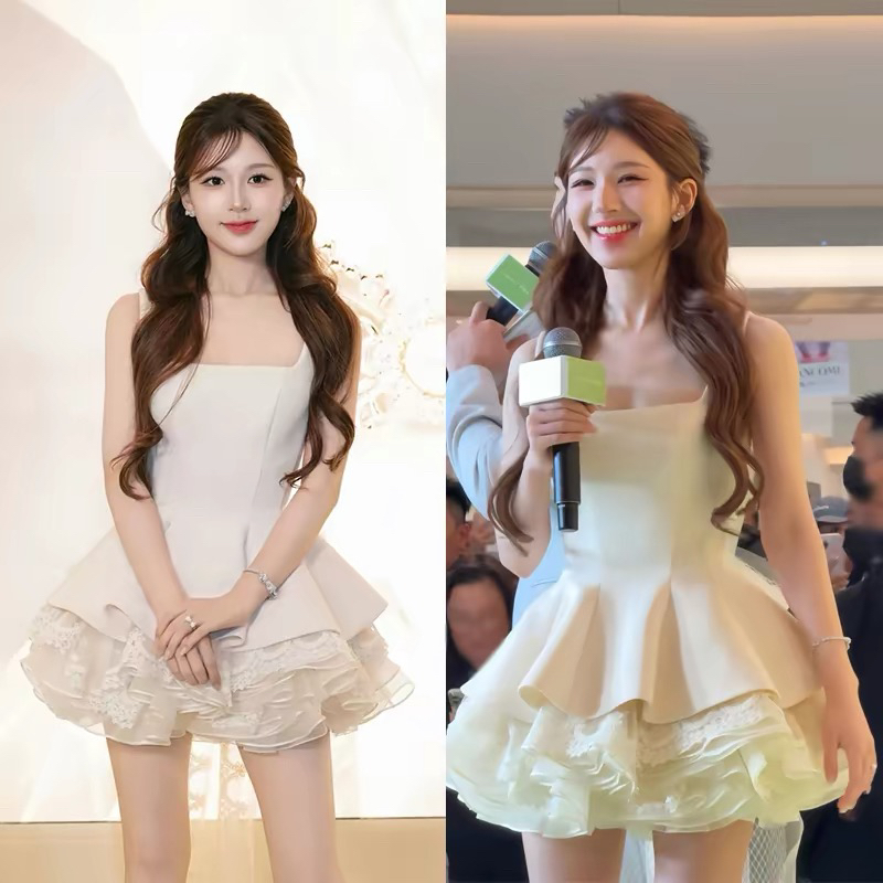 자오 이슬 생각하기 같은 단락 천 금빛 바람 공주 드레스 레이스 조각 조끼 스커트 퍼프 스커트 허리 수축 슬림해 보이는 민소매 드레스