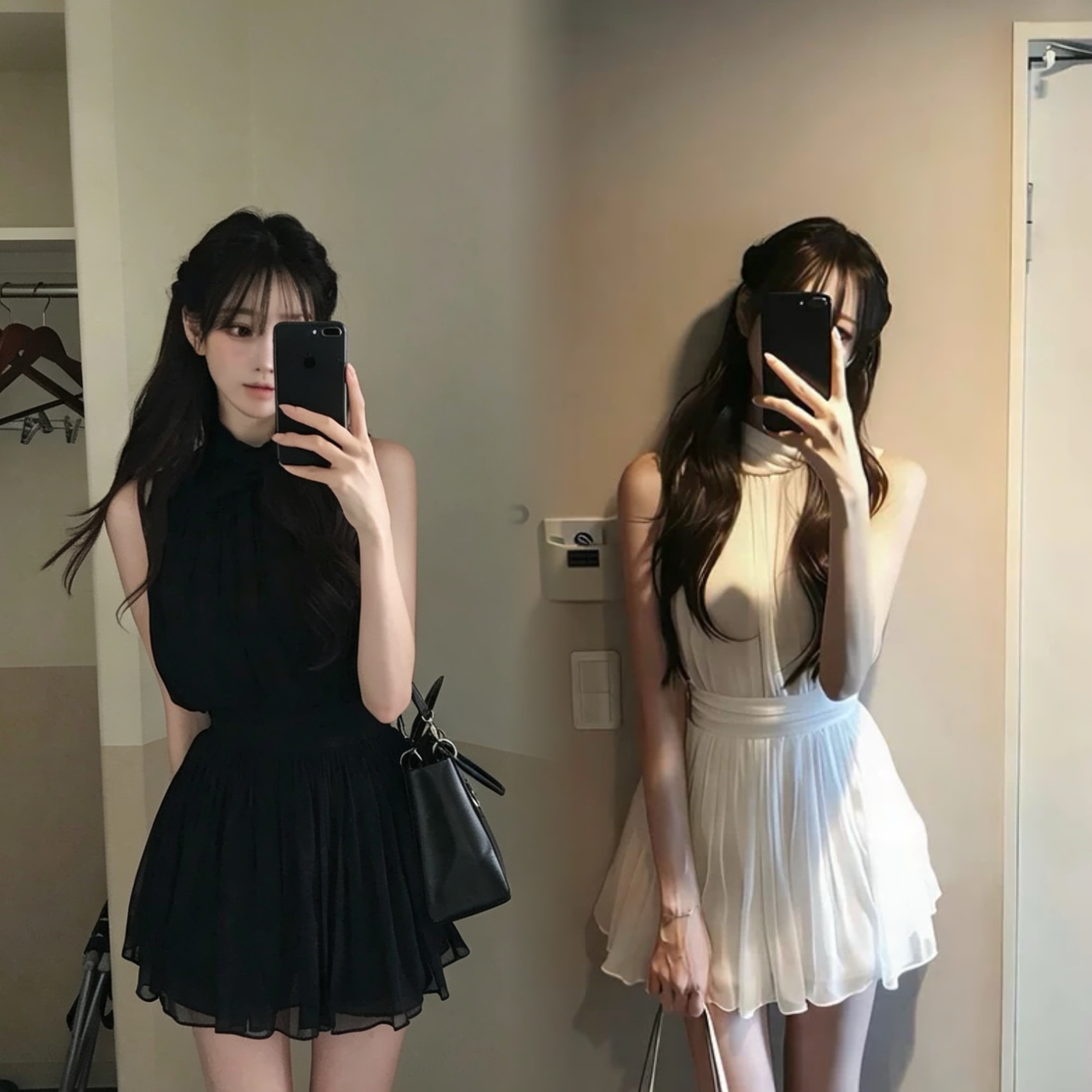 한국 작은 대중 디자인 흑인과 백인 백조 품격 허리 수축 행침 목 맨위 반 스커트 세트