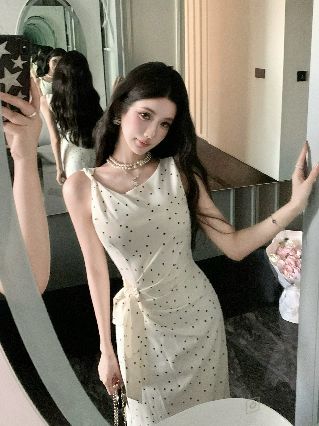 barb chill 부드러운 자매 민소매 슬립 도트 무늬 여성 드레스 여름 허리 수축 프랑스식 롱 스커트