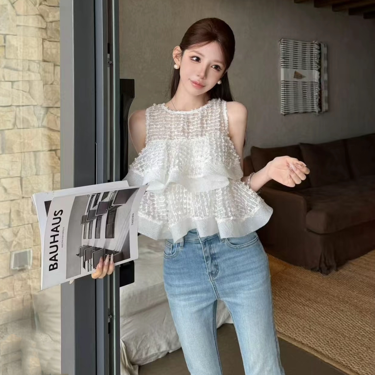 핑크색 丨 여름 하얀 달빛 디자인 센스 여름 외국 가스 프릴 맨위 fh26b2t1718