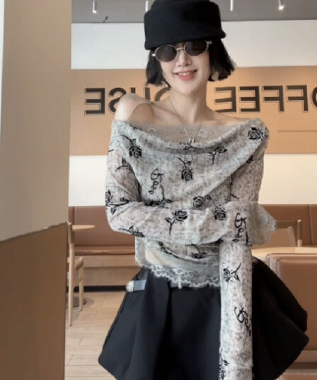 xiaobai 가을 프랑스식 프린트 레이스 조각 슬림해 보이는 다용도 긴팔 맨위