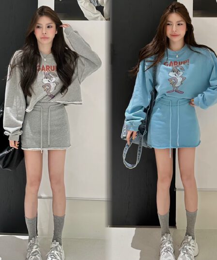 huihui 이른 가을 새로운 만화 패턴 쇼트 스타일 후드티 여성 한 부서 외국 가스 세트