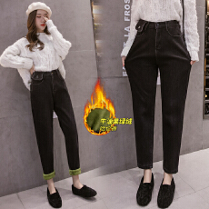 批发实拍加厚牛油果绿绒牛仔哈伦裤女2025冬季韩版高腰显瘦老爹<b class='q'>九分</b>裤