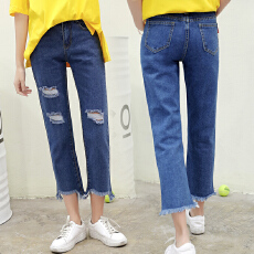 批发实拍2026春夏<b class='q'>韩版</b>chic高腰显瘦<b class='q'>牛仔裤</b><b class='q'>女</b>宽松直筒乞丐裤破洞九分裤