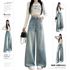 批发实拍<b class='q'>烫钻</b>拖地裤女2026年春夏季辣妹风时尚显高显瘦耐穿耐磨阔腿裤