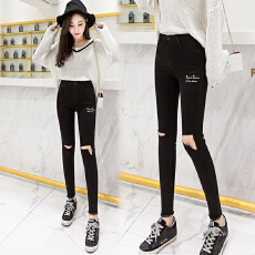 批发实拍黑色刺绣撞色字母<b class='q'>牛仔裤</b>女2026春季韩版弹力破洞显瘦小脚长裤