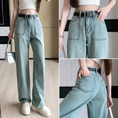批发实拍高腰烫钻阔腿<b class='q'>牛仔</b>裤女2026春夏新款韩版显瘦大口袋直筒<b class='q'>哈伦</b>裤