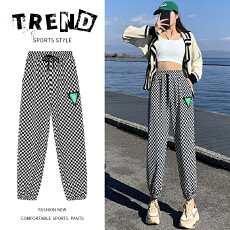 批发实拍黑白<b class='q'>棋盘</b><b class='q'>格</b>休闲束脚裤女2026春季高腰宽松运动裤哈伦长裤ins