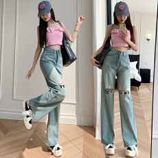批发实拍刺绣撞色字母阔腿牛仔裤女2026春复古韩版时髦辣妹破洞拖地裤