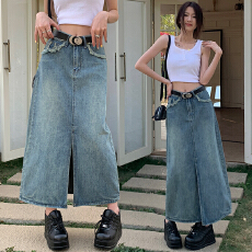 批发实拍开叉小个子包臀牛仔长裙女2026春季韩版高腰显瘦复古蓝半身裙
