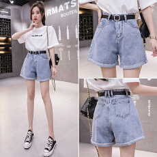 批发实拍浅蓝高腰腰带牛仔阔腿短<b class='q'>裤</b>女2026夏季<b class='q'>韩版</b>学生宽松哈伦<b class='q'>裤</b>热<b class='q'>裤</b>