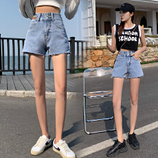 批发实拍排扣浅蓝<b class='q'>牛仔</b>阔腿短裤女2026春夏季韩版高腰显瘦毛边<b class='q'>哈伦</b>热裤