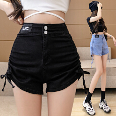 批发实拍高腰牛仔阔脚短裤女2026夏季<b class='q'>韩版</b>显瘦抽绳宽松哈伦裤热裤ins