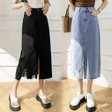 批发实拍高腰小个子<b class='q'>牛仔</b>裙女2026春夏韩版百搭a字磨破包臀开叉中长裙