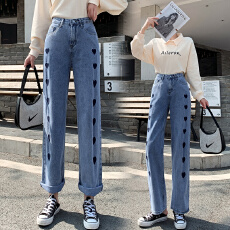 批发实拍刺绣爱心牛仔<b class='q'>哈伦</b>裤女2026夏季韩版高腰显瘦窄款直筒烟管裤潮