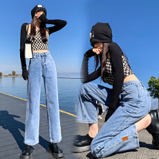 批发实拍高腰直筒<b class='q'>牛仔</b>裤女2026夏季韩版宽松水洗窄款显瘦哈伦阔腿长裤