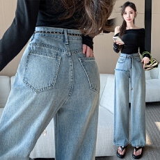 实拍毛边拼接牛仔阔腿裤女2026夏季新款高腰宽松显瘦百搭拖地长裤