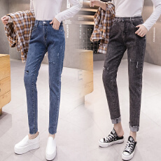 批发实拍高腰哈伦小脚牛仔裤女2026夏韩版显瘦破洞翻边<b class='q'>弹力</b>直筒九分裤