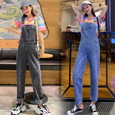 批发实拍<b class='q'>牛仔</b>背带套装<b class='q'>女</b>士2026夏季韩版高腰显瘦彩条T恤直筒哈伦裤子