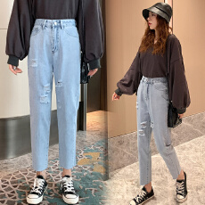 批发实拍浅蓝破洞九分<b class='q'>牛仔</b>哈伦裤女2026春夏季韩版高腰宽松直筒小脚裤