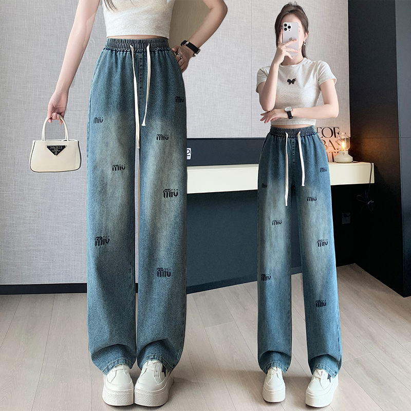 RY3123# 实拍撞色刺绣字母牛仔阔腿裤女2026春夏新款韩版高腰显瘦哈伦长裤