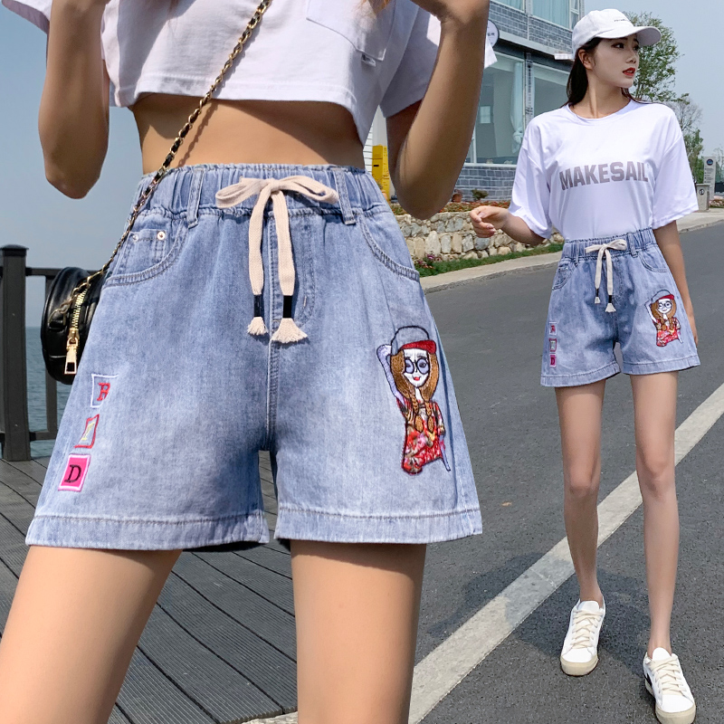 실사 자수 루즈핏 허리 넓은 다리 데님 반바지 여성 2026 여름 한국 스타일 밝은색 하이웨이스트 한 마디 할란 핫 바지