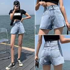 批发实拍高腰阔腿开叉牛仔短裤<b class='q'>女</b>2026春夏季<b class='q'>韩版</b>印花显瘦直筒哈伦热裤
