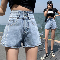 批发实拍阔腿开叉牛仔短裤<b class='q'>女</b>2026夏<b class='q'>韩版</b>印花高腰显瘦浅色直筒哈伦热裤