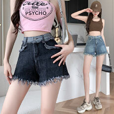 批发实拍撞色阔腿<b class='q'>牛仔</b><b class='q'>短裤</b><b class='q'>女</b>2026夏辣妹高腰提臀显瘦毛边a字哈伦热裤