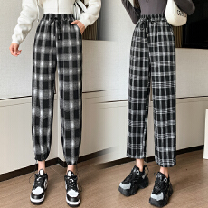批发实拍宽松腰格子休闲卫裤女2026秋季新款韩版显瘦阔腿裤哈伦束脚裤