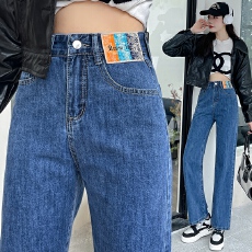 实拍高腰双扣直筒牛仔裤女2026秋季韩版纯色刺绣窄款阔腿烟管长裤