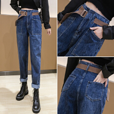 批发实拍高腰牛仔<b class='q'>哈伦裤</b><b class='q'>女</b>2026秋季韩版宽松显瘦窄款配腰带萝卜直筒裤
