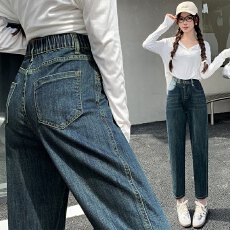 批发实拍复古翻边撞色牛仔老爹裤女2026春夏新款韩版宽松腰<b class='q'>九分</b>哈伦裤