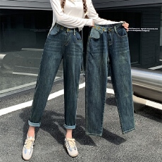 批发实拍复古翻边撞色<b class='q'>哈伦</b><b class='q'>牛仔</b>裤女2026秋季大码胖妹妹弹力九分老爹裤