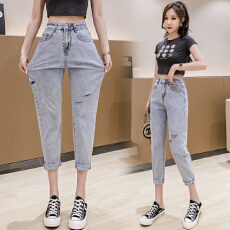 批发实拍刺绣撞色牛仔裤<b class='q'>女</b>2026秋季韩版高腰破洞直筒哈伦裤九分小脚裤