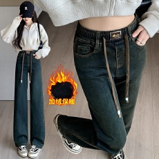 批发实拍抽绳加绒加厚阔腿牛仔裤女2026冬季韩版弹力宽松腰显瘦直筒裤