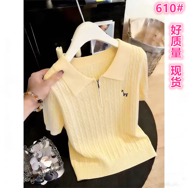 여름 새로운 POLO 칼라 품격 니트 반팔 티셔츠 미니멀리즘 miu 부서 니트 스웨터 여성