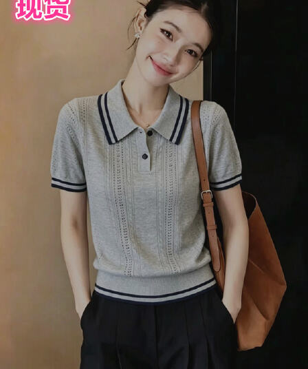 회색 배색 다용도 새로운 단색 출퇴근 슬림해 보이는 작은 대중 Chic 니트 스웨터 POLO 칼라 반팔 맨위