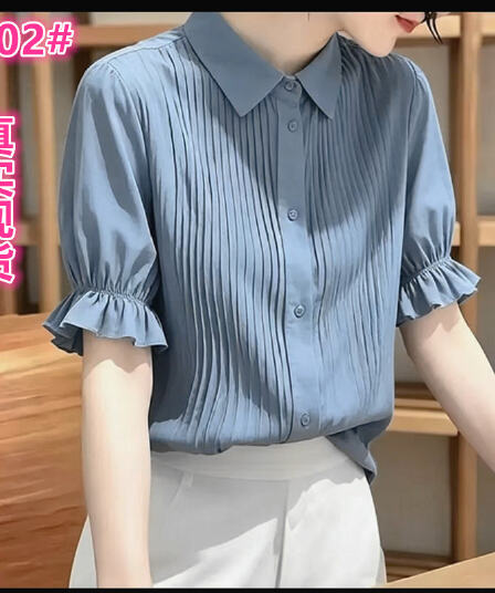 출퇴근 바람 파란색 거품 소매 여성 셔츠 여름 새로운 패션 폴로 칼라 주름 품격 셔츠 연령 감소 맨위
